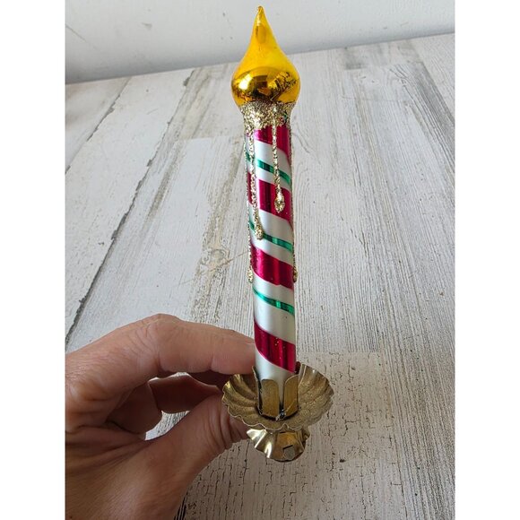 Glass candle clip ornament glitter gold peppermint striped Xmas tree - Picture 3 of 9